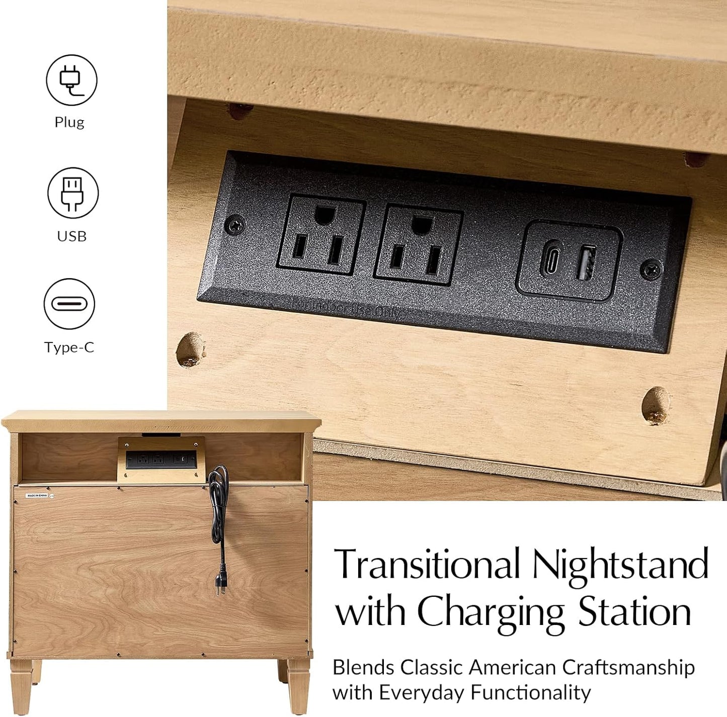 HULALA HOME Farmhouse Nightstand with Charging Station, Pull-Out Tray, 3 Drawers Nightstand with Solid Wood Legs, Wood Veneer Bedside Table with Open Shelf Set of 2, Natural