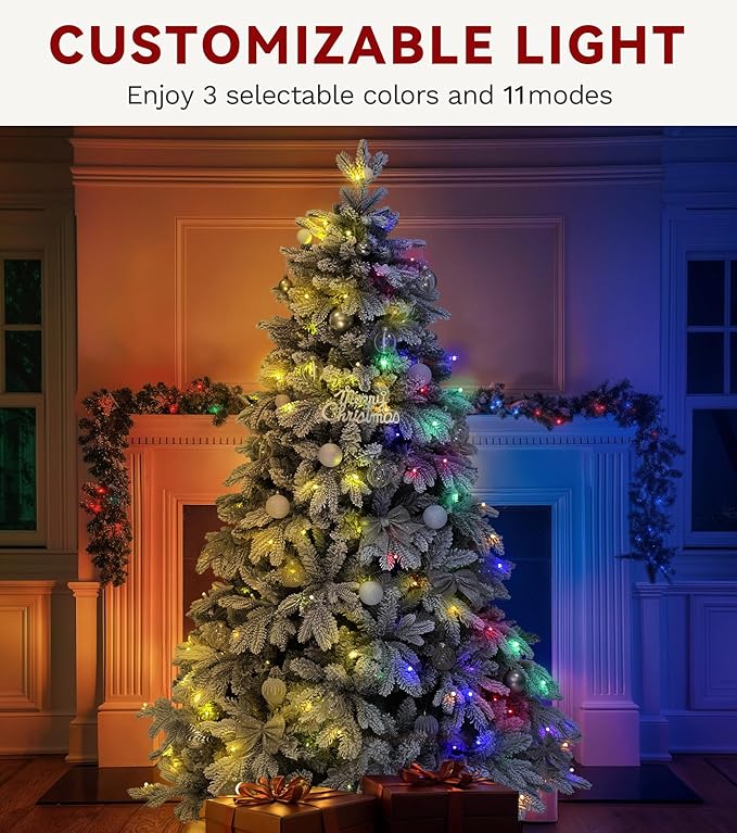 DWVO 7.5ft Pre-Lit Snow Flocked Artificial Christmas Tree, Luxurious Canaan Fir Design with 1687 PE & PVC Branch Tips, 330 Lights for Colorful Home and Office Holiday Decoration with Remote Control