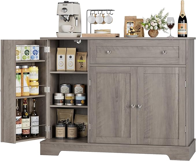 HOSTACK Buffet Cabinet with Storage, Modern Sideboard Buffet with Doors, Wood Coffee Bar Kitchen Storage Cabinet with Drawer and Adjustable Shelf for Kitchen, Dining Room, Living Room, Ash Grey