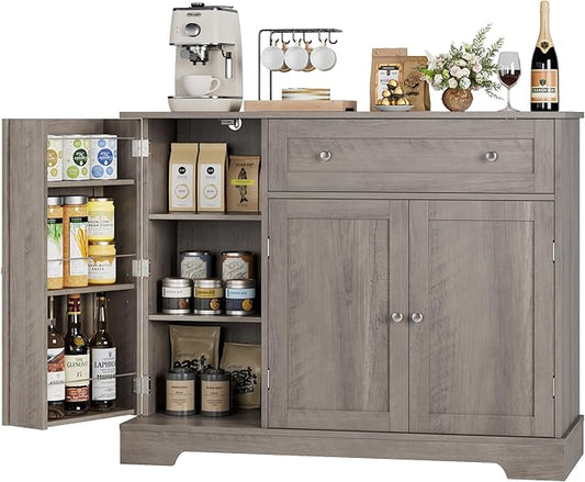 HOSTACK Buffet Cabinet with Storage, Modern Sideboard Buffet with Doors, Wood Coffee Bar Kitchen Storage Cabinet with Drawer and Adjustable Shelf for Kitchen, Dining Room, Living Room, Ash Grey
