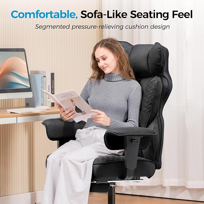 COMHOMA Big and Tall Office Chair 400LBS Wide Ergonomic Fabric Deluxe Embossing Designed Gaming Chair with Foot Rest,150°Reclining Adjustable Armrests Pocket Spring Back Support and Pillow