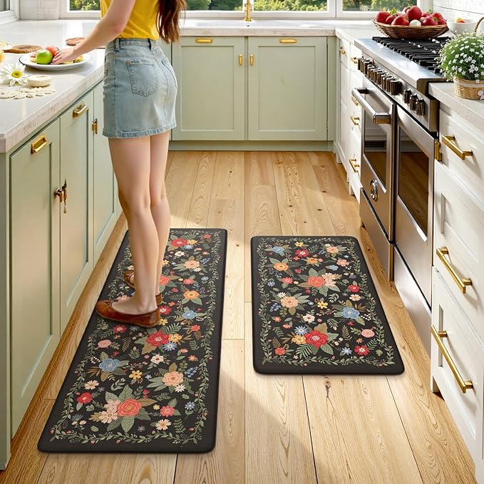 KIMODE Kitchen Mats Cushioned Anti Fatigue, Black Floral Kitchen Rugs Sets of 2, Padded Kitchen Floor Mats Non Slip, Comfort Foam Standing Mats for Laundry Office Sink Desk 17"x47"+17"x29"