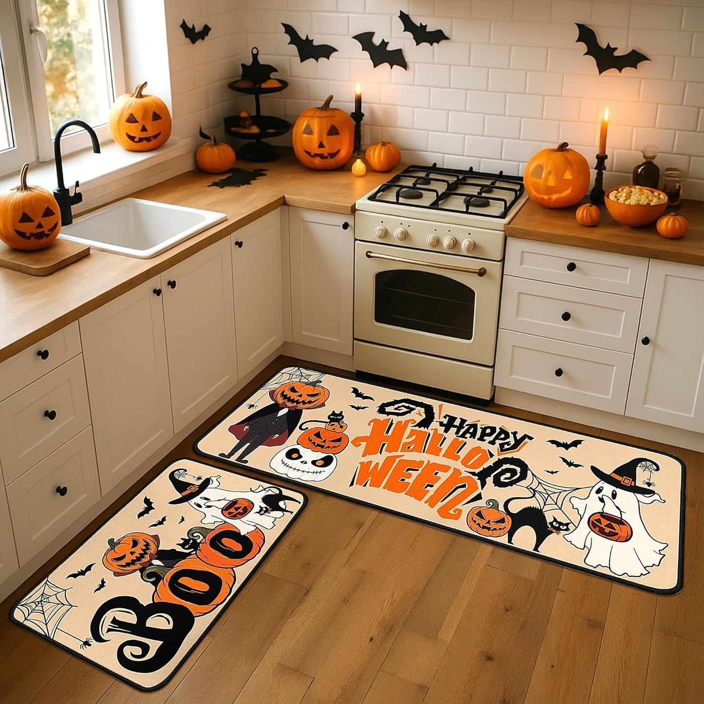 2 Piece Halloween Kitchen Decor Rugs Set,Cute Ghost Kitchen Rugs and Mats Non Skid Washable Absorbent Kitchen Accessories Decoration Floor Mats 17"x47"+17"x30"