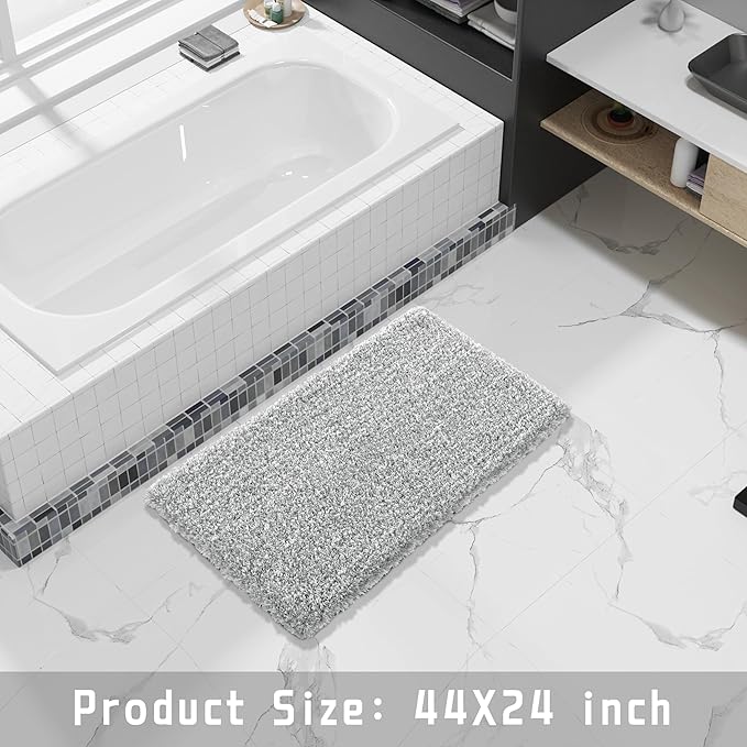 Yimobra Luxury Bathroom Rugs, Fluffy Bath Mats, Non Slip, Water Absorbent Microfiber, Machine Washable, Plush Carpet Shower Rugs, Thick Matts for Bathroom Floor&Tub, 44"x 24", Light Gray and White