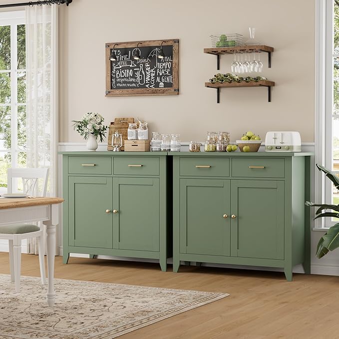 HORSTORS Kitchen Storage Cabinet, Modern Farmhouse Buffet Cabinet with Storage, Coffee Bar with 2 Drawers and 2 Doors, Floor Sideboard Buffet for Living Room, Dining Room, Bathroom, Green