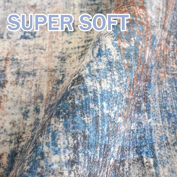 IOHOUZE Abstract Area Rugs 8x10 Ft Washable Large Rugs for Living Room, Non Slip Dining Room Rug, Printed Faux Wool Rugs for Bedroom, Floor Carpet for Office Nursery Playroom, Blue Rust