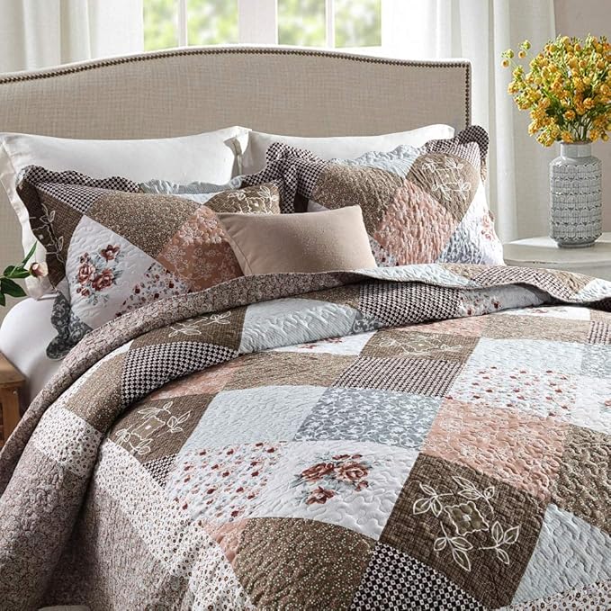 NEWLAKE Quilt Bedspread Sets-Checkered Floral Reversible Coverlet Set,Queen Size