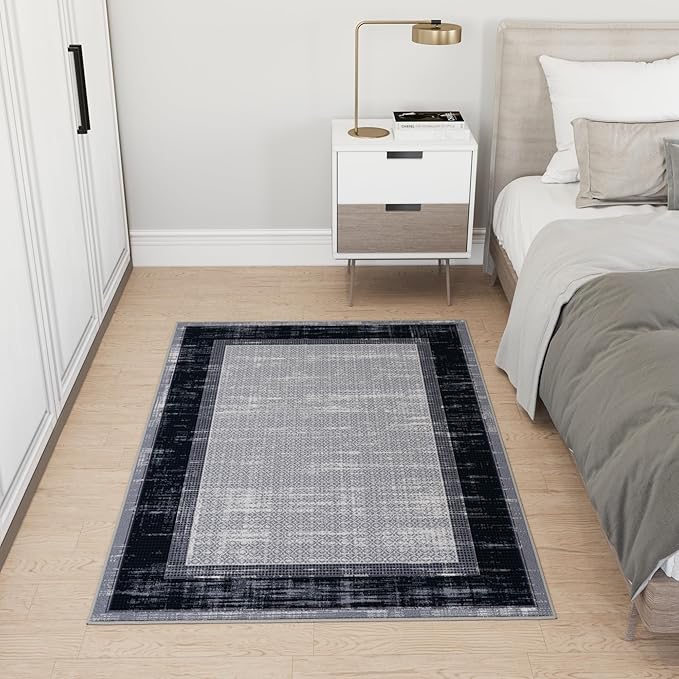 Ottomanson 3'3" x 5' Rugs for Living Room Border Area Rug for Bedroom - Non Slip Durable Large Floor Carpet for High Traffic Areas - Indoor Rug for Dining Room Kitchen Kids Playroom, Gray/Navy