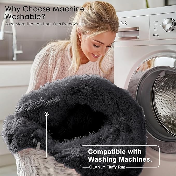 OLANLY Black Round Rugs for Bedroom - Machine Washable, 5 ft Circle Area Rugs for Living Room, Soft and Fluffy Shaggy Carpet for Teen Girls and Boys, Nursery Rooms, Dorms, Home Decor Aesthetic