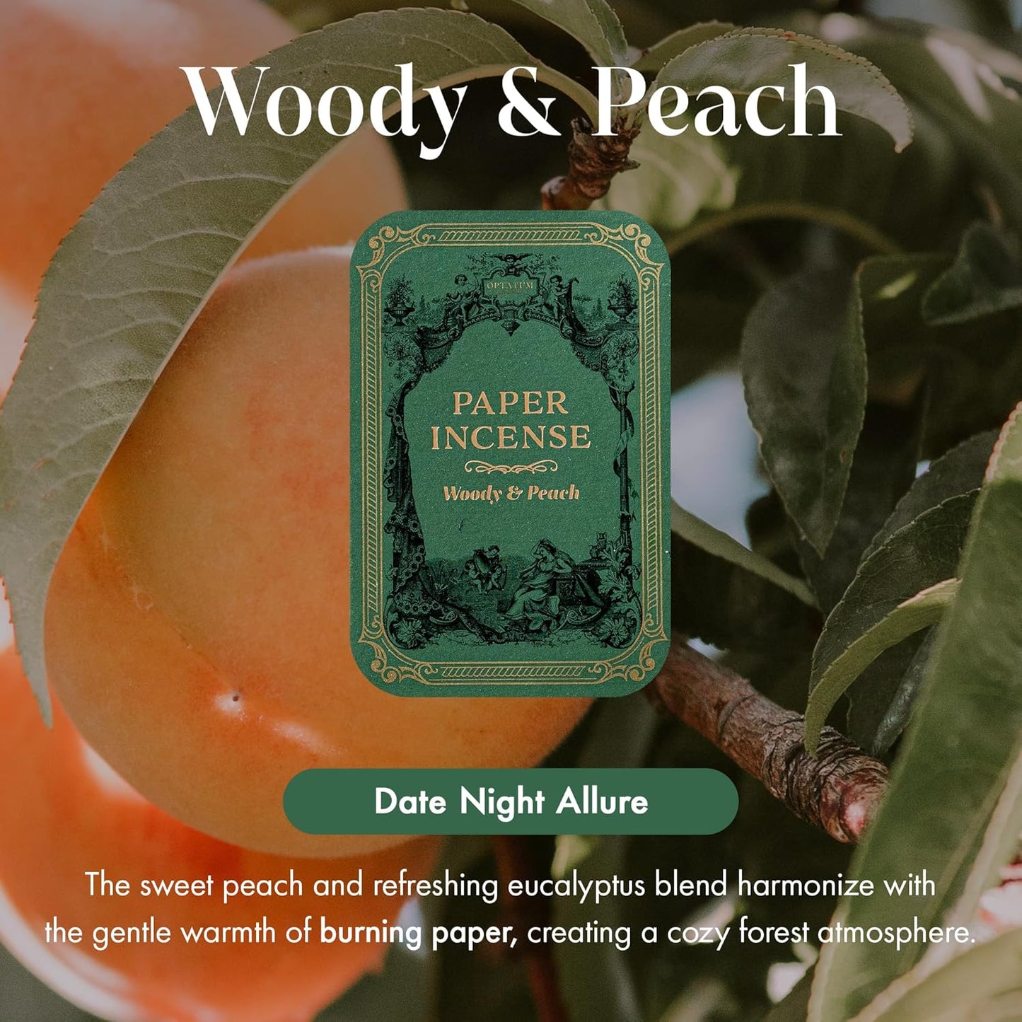 Paper Incense - 48pcs with Vintage Tin Case, Burning Papers Infused with Natural Essential Oils, Quick Usage & Long-Lasting Fragrance, Eliminating Bathroom, Kitchen, Pet Odors - Woody & Peach