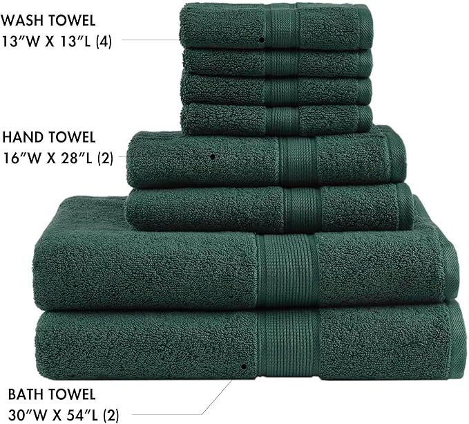 Madison Park 800GSM Bathroom Towel Set of 8 100% Cotton Bath Towel Set for Bathroom Luxurious Highly Absorbent 2 Bath Towels 2 Hand Towels 4 Washcloths Quick Dry Spa Quality Dark Green