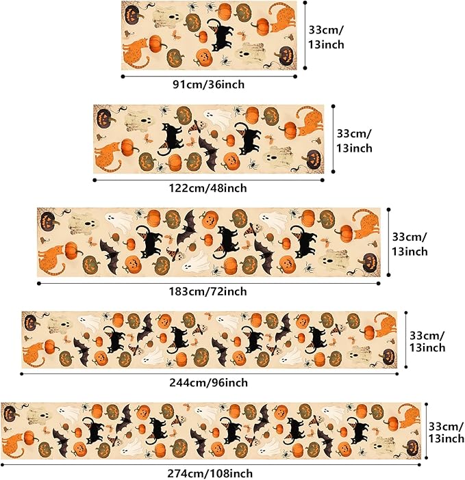 Halloween Table Runner with Spooky Pumpkins & Halloween Icons, Table Decoration for Dining Party and Home Decor,96x13 inches