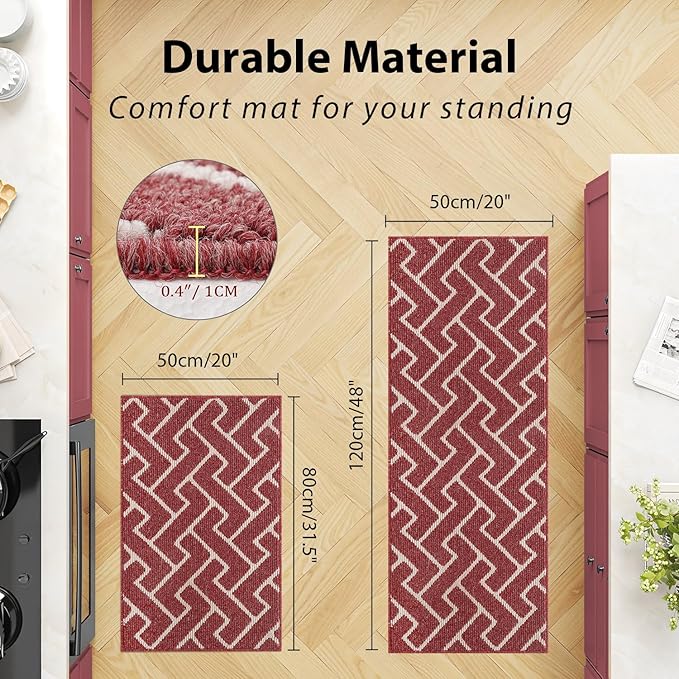hicorfe Kitchen Rugs and Mats Sets,2 Pieces Non-Slip Absorbent 100% Polypropylene Kitchen Mats for Floor,Comfort Kitchen Runner Mat,Washable for Kitchen,Sink,Laundry(20" x 31.5" Plus 20" x 48",Red)
