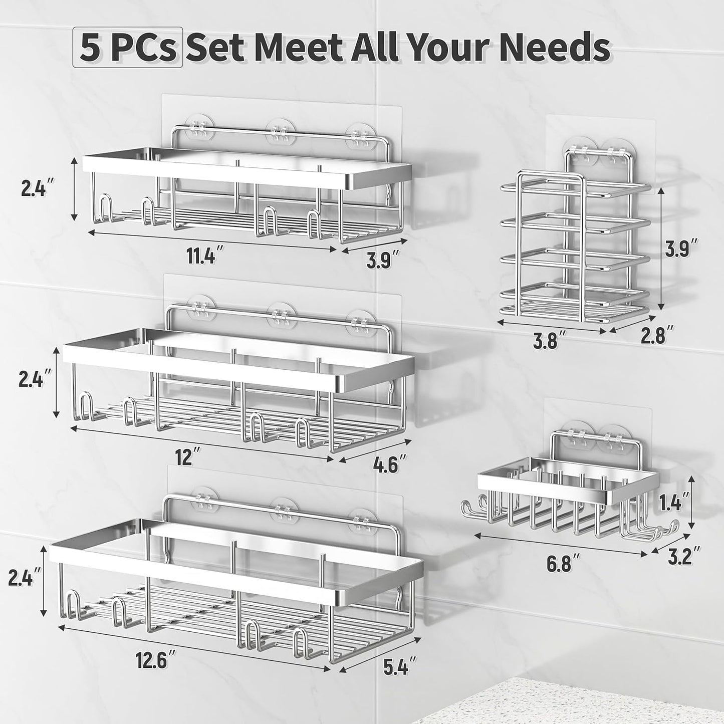 5 Pack Shower Caddy Organizer Rack Shelf for Inside Shower, Self Adhesive Bathroom Wall Storage Basket Rustproof Stainless Steel Large Capacity Shampoo Holder, Silver