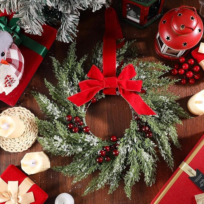 4 Pcs Small Christmas Norfolk Wreaths 15 Inch Christmas Kitchen Cabinet Mini Wreath Real Touch with Bow Ribbon Cedar Red Berry for Xmas Front Door Window Chair Fireplace Table Pillar Farmhouse Decor