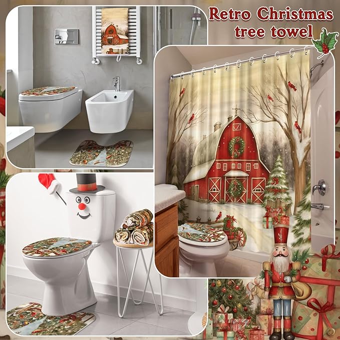 8 Pcs Christmas Shower Curtain Set Xmas Santa Bathroom Decoration Christmas Tree Hand Towels Snowman Toilet Lid Cover Bathroom Rugs Xmas Shower Curtain with Hooks(Farmhouse Style)