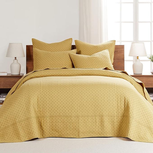 Levtex Home Cross Stitch Reversible Twin Bedspread Set (84x104in) with 1 Pillow Sham (26x20in) - Stitch Texture - Ochre - Cotton Twin Size Bedspread Set - Lightweight, Soft, Pre-Washed