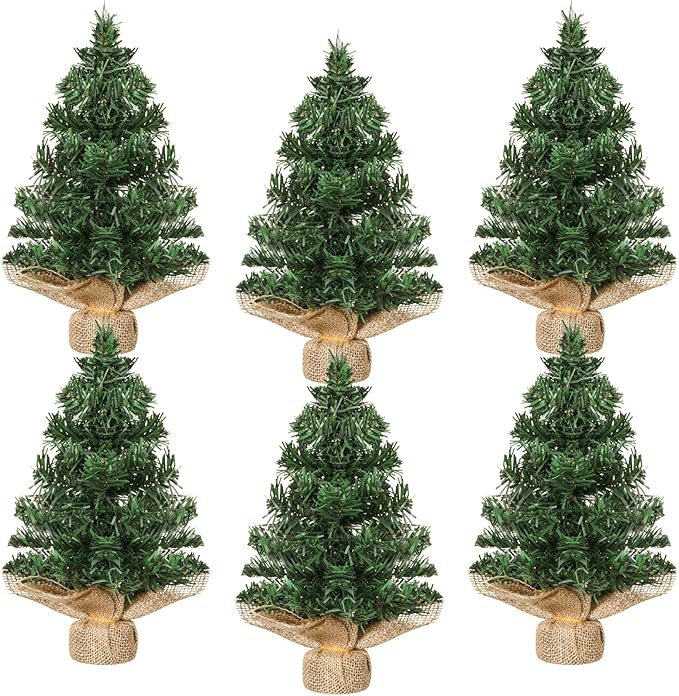 Yinder Tabletop 6 Pcs Mini Christmas Tree 11.81 Inch Artificial Mini Xmas Miniature Pine Christmas Tree with Linen Base for Xmas Holiday Decorations Indoor Home Kitchen Dining Table