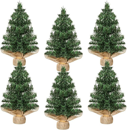Yinder Tabletop 6 Pcs Mini Christmas Tree 11.81 Inch Artificial Mini Xmas Miniature Pine Christmas Tree with Linen Base for Xmas Holiday Decorations Indoor Home Kitchen Dining Table