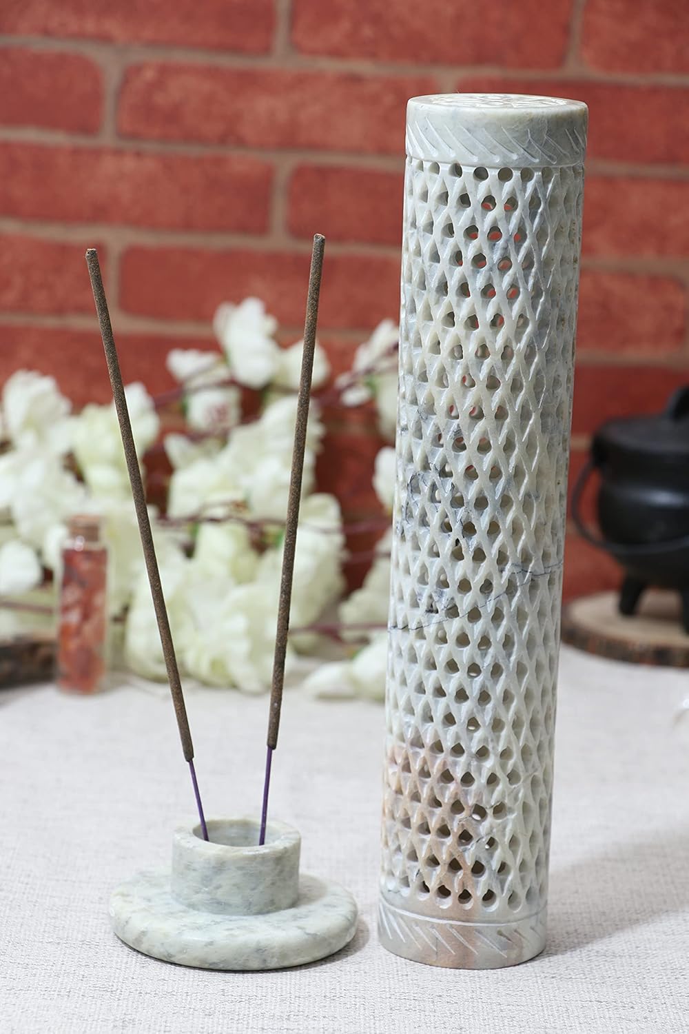 Crocon Handmade Incense Tower Candle Stick Holder Soapstone Tea Light Tower Burner | Candles Stand |Office Decor Room Fragrance Decorative Kitchen Home Spa Great Gift Set - 11X3X3 Inch