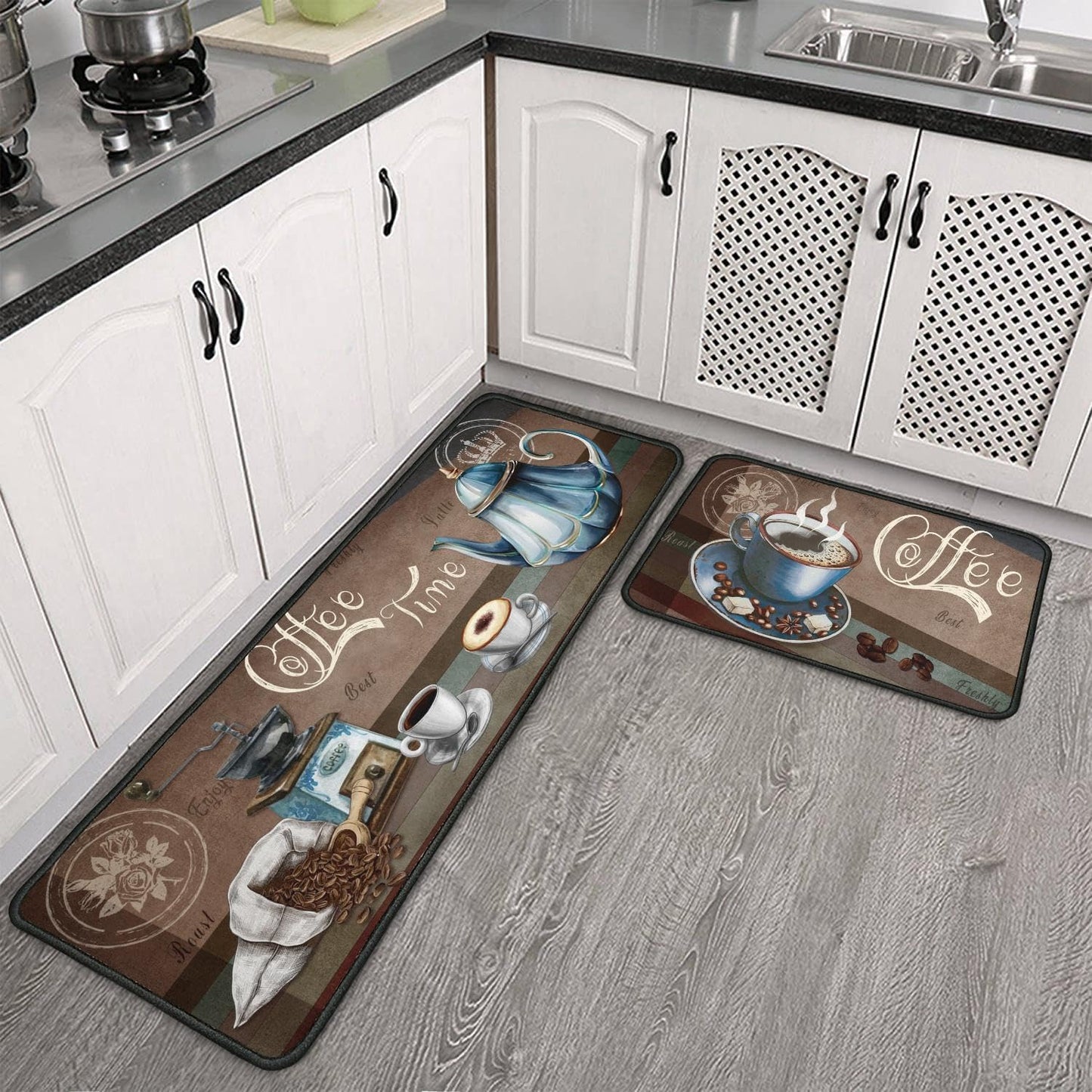 2 Piece Coffee Kitchen Decor Rugs Set, Farmhouse Country Kitchen Rugs and Mats Non Skid Washable Absorbent Microfiber Kitchen Accessories Decoration Floor Mats 17"x47"+17"x30"