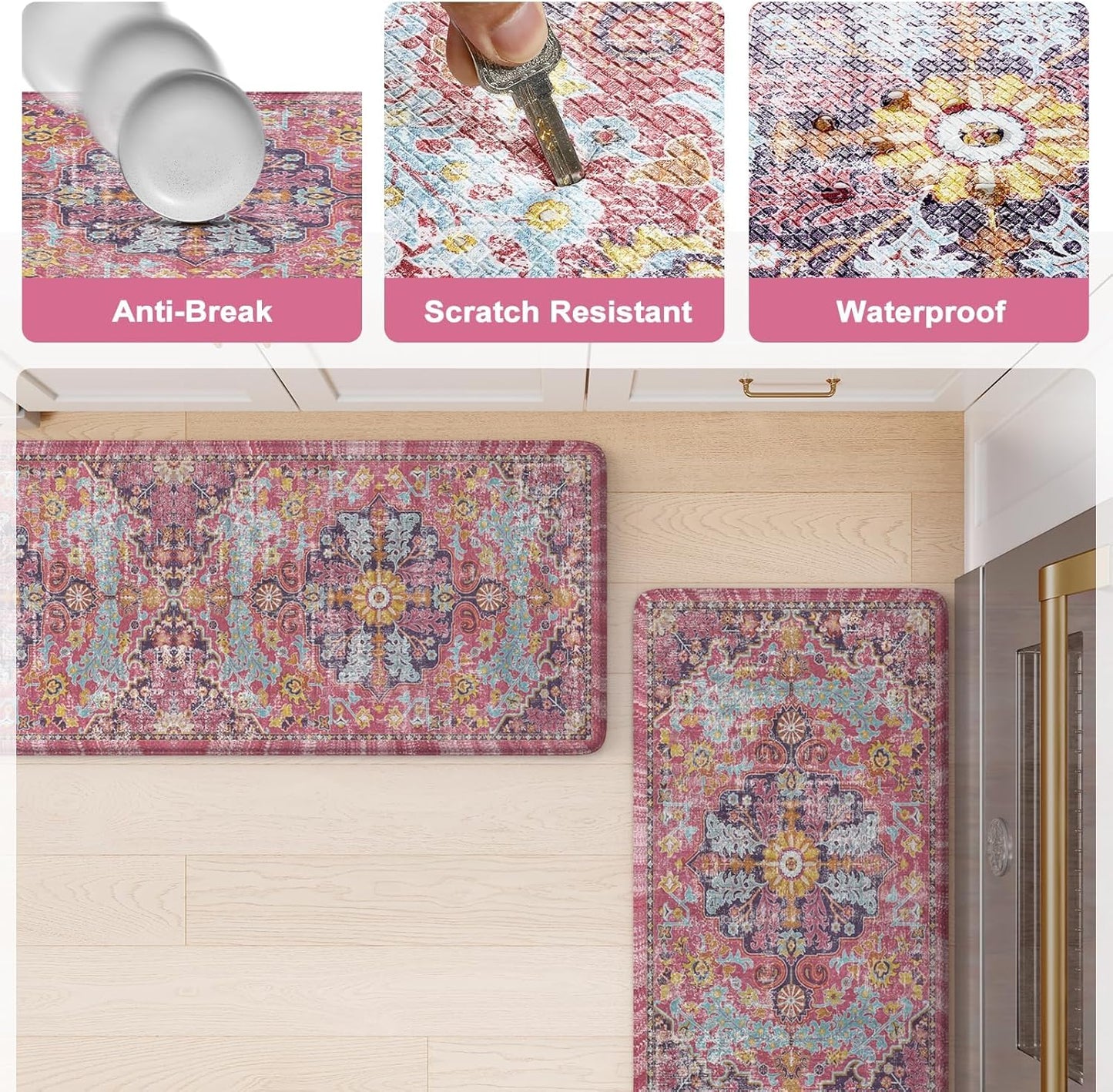 KIMODE Anti Fatigue Kitchen Mat, Cushioned Kitchen Mats for Floor, Boho Vintage Kitchen Rugs, Comfort Foam Standing Desk Mat for Laundry, Office, Sink Fuchsia/Multi 17.3"x59"