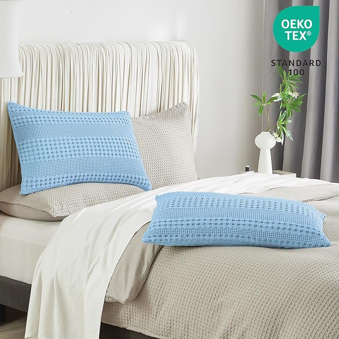 PHF Waffle Weave Pillow Shams Queen Size, 2 Pack 100% Cotton Pillowcases 20" x 30", No Insert, Soft & Breathable Aesthetic Woven Pillow Case Covers for Bedroom Decor, Sky Blue