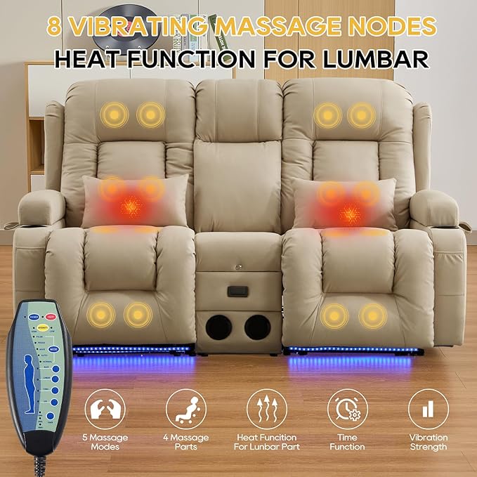 IPKIG 67" Power Reclining Loveseat Sofa, Electric Home Theater Seating with Console/4 Colors Ambient Lighting/Bluetooth Speakers/USB Ports/Built-in Outlets (Beige, Loveseat Recliner)