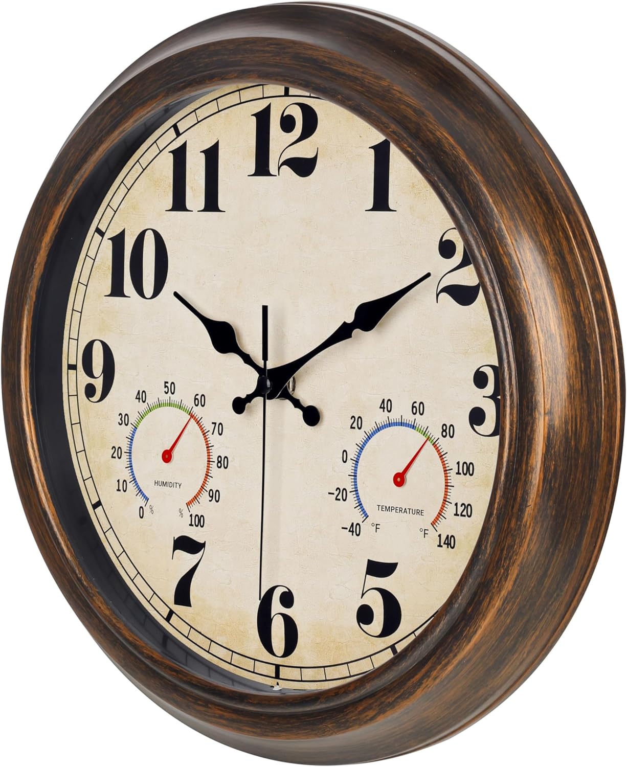 45MinST 13-Inch Vintage Outdoor Wall Clock with Thermometer and Hygrometer, Waterproof, Large Numbers, Silent, for Indoor and Outside Use,Porch,Garden,Pool(Bronze)