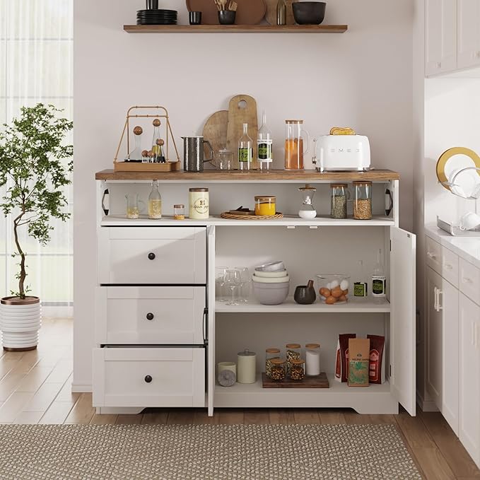 47" Antique White Storage Cabinet with Doors and Drawers, Farmhouse Sideboard Buffet Cabinet with Storage, Kitchen Pantry Hutch, Coffee Bar Station Table for Kitchen, Livingroom, Dining Room