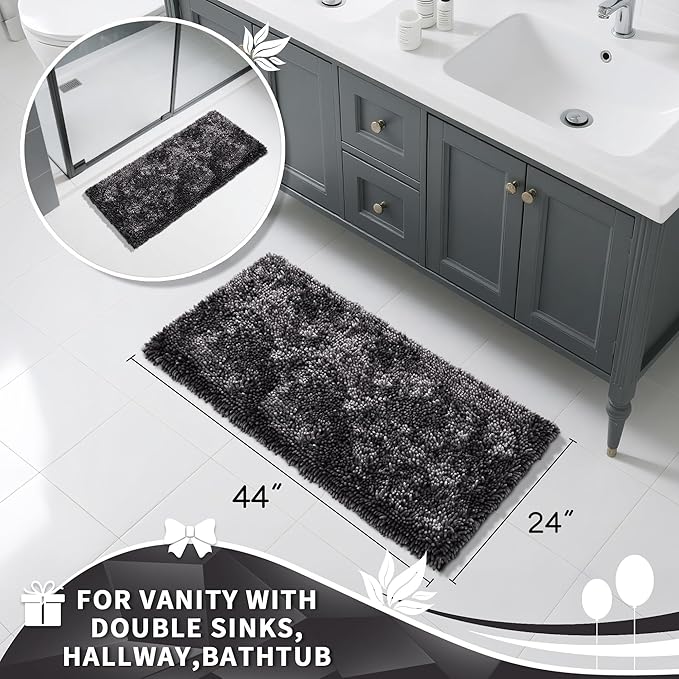 Yimobra Long Bathroom Rug Non Slip 44x24 Inch, Extra Thick Soft Absorbent Chenille Bath Mat, Machine Washable Quick Dry Bath Rugs for Bathroom Floor, Tub and Shower, Home Decor Accessories, Dark Grey