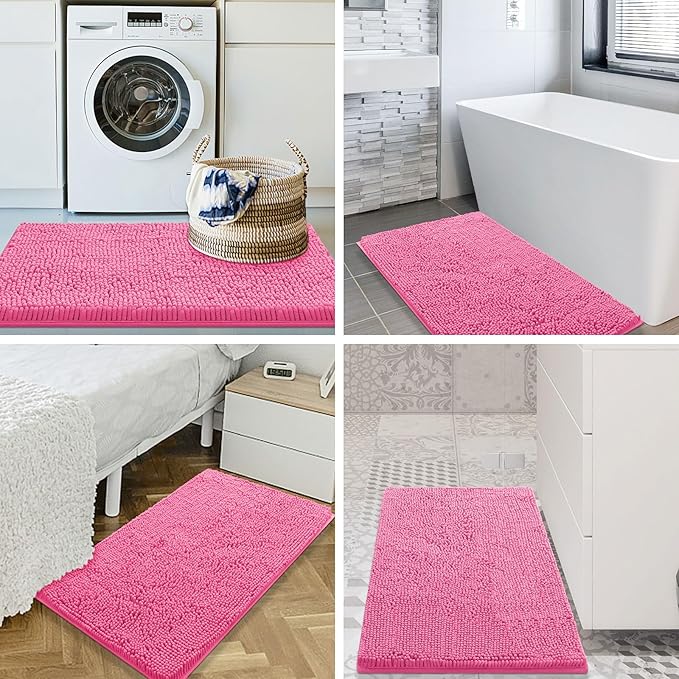 Smiry Luxury Chenille Bathroom Rugs 30x20, Extra Soft and Absorbent Shaggy Bath Mat, Machine Washable, Non-Slip Plush Carpet Runner for Tub, Shower, and Floor, Home Decor Accessories, Hot Pink