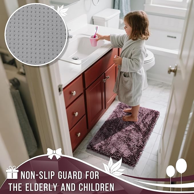 Yimobra Long Bathroom Rugs Runner 60x24 Inch, Extra Thick Soft Absorbent Chenille Bath Mat, Non Slip Machine Washable, Quick Dry Bath Rugs for Bathroom Floor, Tub and Shower, Purple Grey