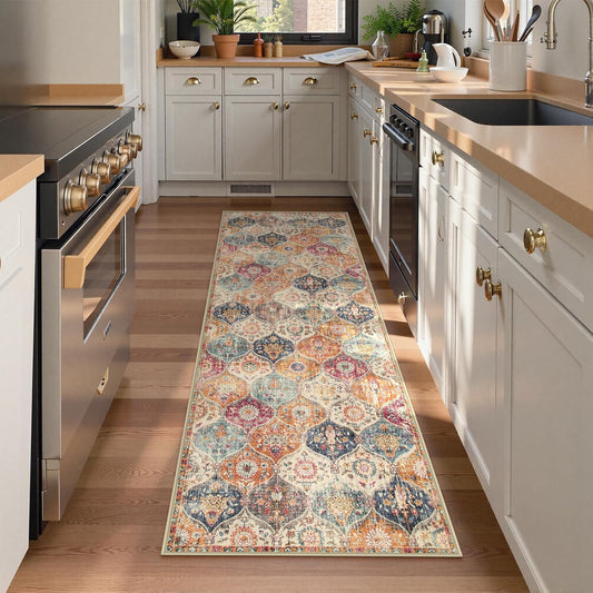 Lahome Moroccan Washable Kitchen Runner, 2x7 Runner Rug with Rubber Backing Non Slip, Vintage Hallway Rug Throw Carpet for Hallways Bedroom Laundry Room Entryway, Cream/Multi