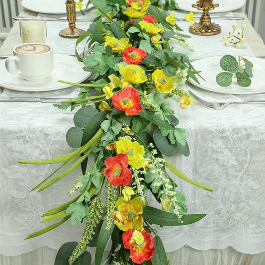 6FT Summer Garland for Decoration, Summer Green Eucalyptus Flower Garlands for Mantle Table Wedding Decor, Fake Vines Greenery Easter Garland Room Garden Backdrop Floral Arch Wall Farmhouse Home Decor