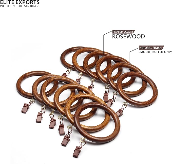 50 Pcs Curtain Rings with Clips Wooden, 3.5 inch for 1.5-2.5 inch Rod, Window Shower Curtain Hooks, Wood Curtain Rod Wood Curtain Rings with Eyelet, Drapery Rings, (50, 2.7 INCH Inner Dia)