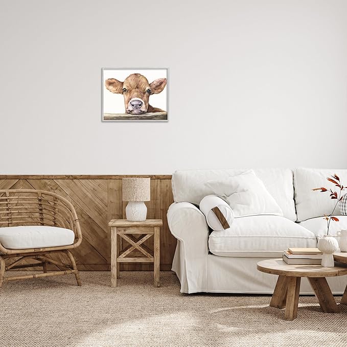 Stupell Industries Cute Baby Cow Animal Watercolor Painting Framed Giclee Art Design by George Dyachenko