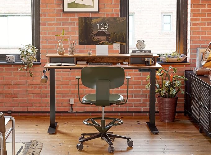FEZIBO 48'' x 24'' Height Adjustable Electric Standing Desk with Double Drawer, Home Office Stand Up Table with 4 Height-Adjustable Feets & 2 Hooks, Vintage Brown