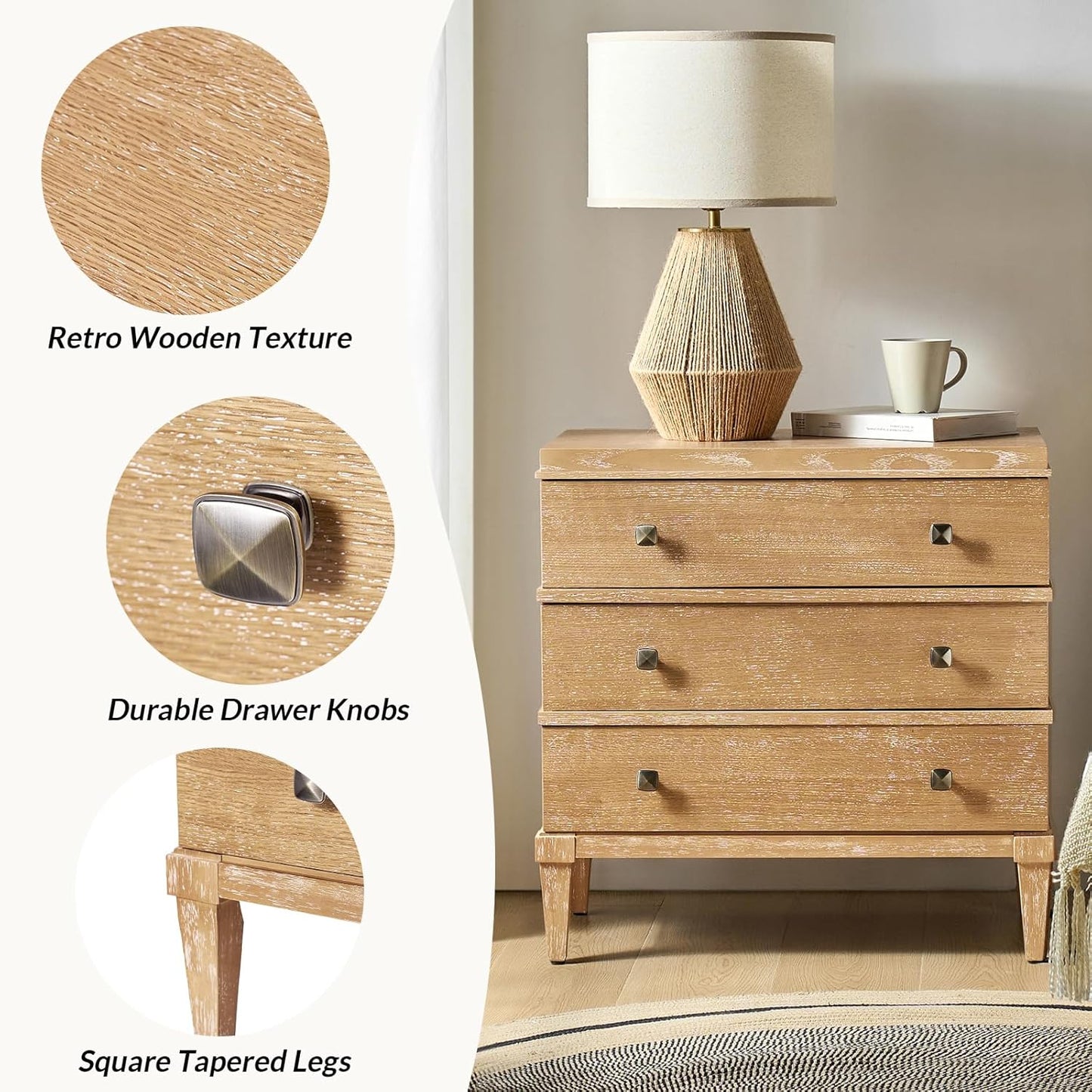 HULALA HOME 3-Drawer Nightstand with Charge Station, Farmhouse Nightstand with Solid Wood Legs, Set of 2(Acorn)