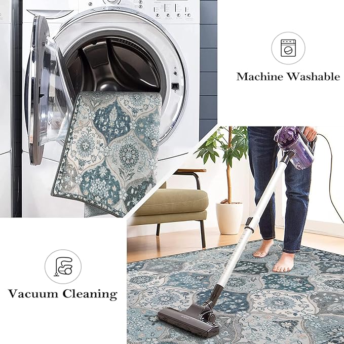 Lahome Moroccan Trellis Round Area Rugs, Washable Small Round Rug 3ft Non-Slip, Soft Vintage Ultra-Thin Circle Carpet for Bedroom Entryway Kitchen Laundry Bathroom, Blue