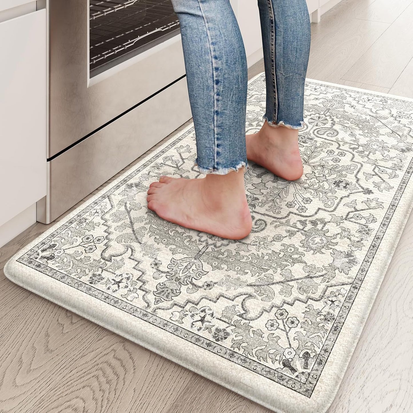KIMODE Anti Fatigue Kitchen Mat 17.3"x29", Boho Distressed Kitchen Floor Mats Non Slip, Waterproof Kitchen Mat for Floor, Padded Comfort Standing Mat for Laundry, Office, Sink, Desk Grey