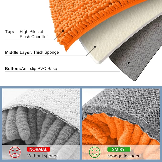 Smiry Luxury Chenille Bathroom Rugs 24x16, Extra Soft and Absorbent Shaggy Bath Mat, Machine Washable, Non-Slip Plush Carpet Runner for Tub, Shower, and Floor, Home Decor Accessories, Orange