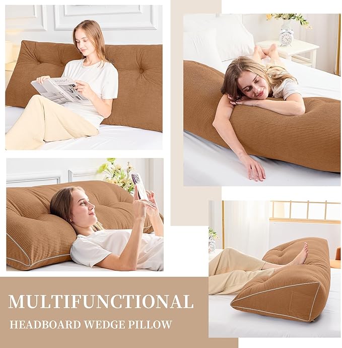 Sasttie Headboard Pillow Full, Wedge Pillow Headboard for Sitting Up in Bed, Back-Rest Support Triangular Cushion for Reading - Features Removable Washable Cover, Caramel