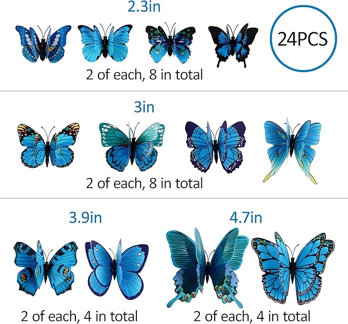 24PCS Butterfly Wall Decals Removable 3D Butterflies Decor for Wall Sticker Mural Stickers Home Decoration Kids Room Bedroom Decor (Double Layer-Blue/24PCS)