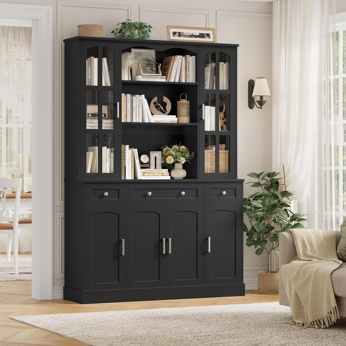 Keyluv 74.8" H Tall Pantry Cabinet with Microwave Stand and 3 Drawers, Large Kitchen Hutch Storage Cabinet with Glass Door and Adjustable Shelves for Kitchen, Dining Room, Living Room, Black