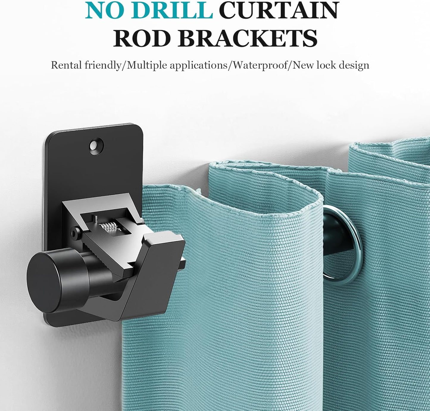 Adhesive No Drill Curtain Rod Brackets - Heavy Duty 30LB Holders for Bathroom Bedroom Kitchen, Universal Damage-Free Window Rod Hooks with Nail-Free Installation (4PC Black)