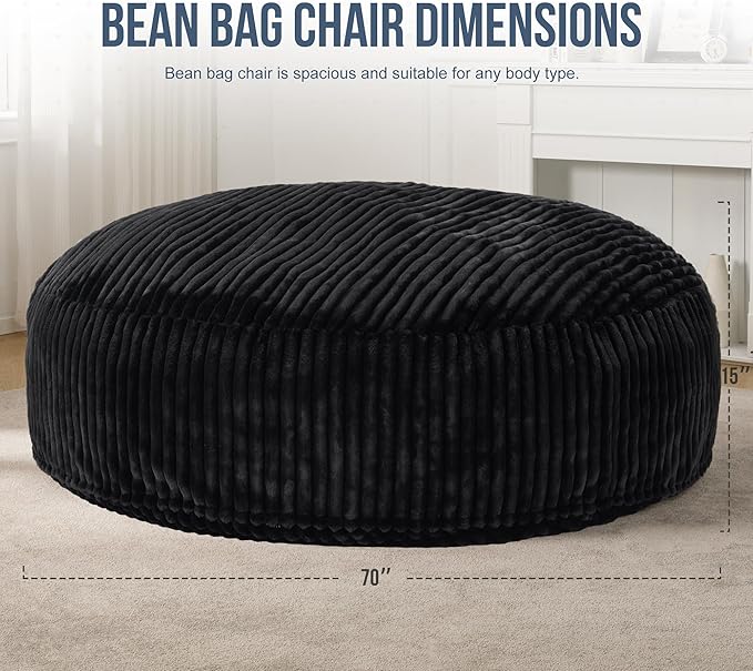Hobestluk 6ft Bean Bag Chairs for Adults Large Beanbag Chair with Stripe Plush Cover Big Bean Bag Chair for Living Room Bedroom Dorm Office - Black (70" x 70" x 15")