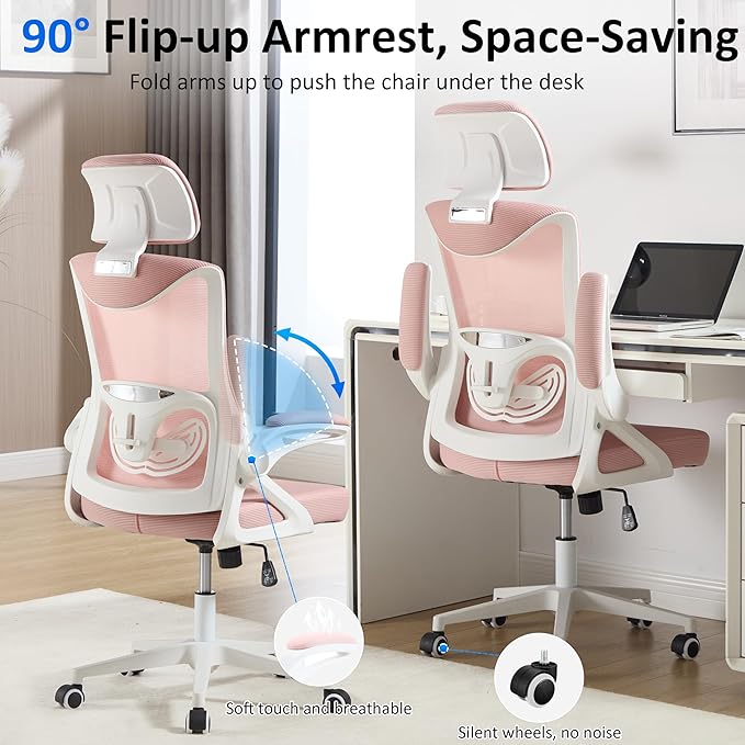 Fizzin Ergonomic Office Chair,Ergonomic Desk Chair with Headrest Pink Computer Chair with High Back Adjustable Lumbar Support, Rolling Swivel Chairs with Wheel Armrests for Home Office(Pink)