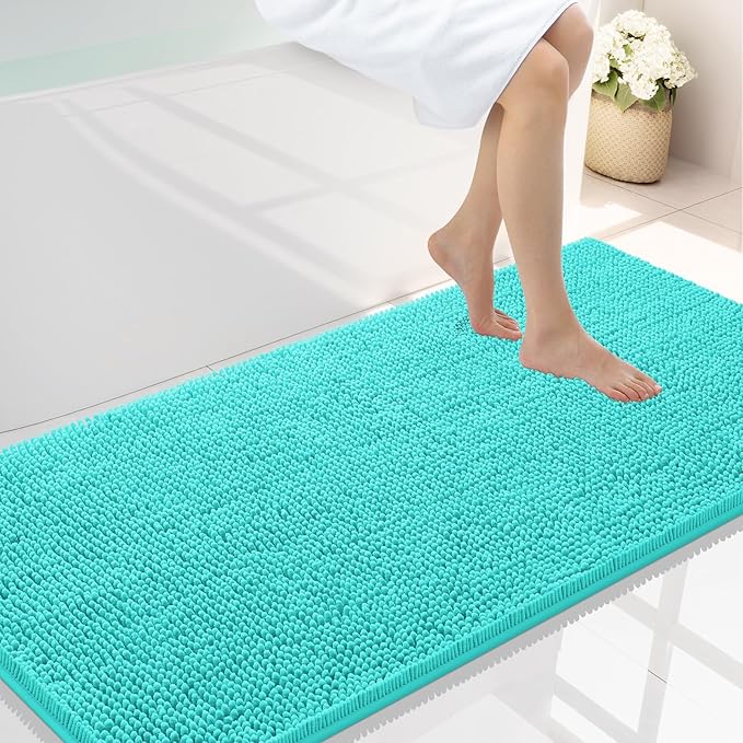 Smiry Luxury Chenille Bathroom Rugs 47x24, Extra Soft and Absorbent Shaggy Bath Mat, Machine Washable, Non-Slip Plush Carpet Runner for Tub, Shower, and Floor, Home Decor Accessories, Turquoise