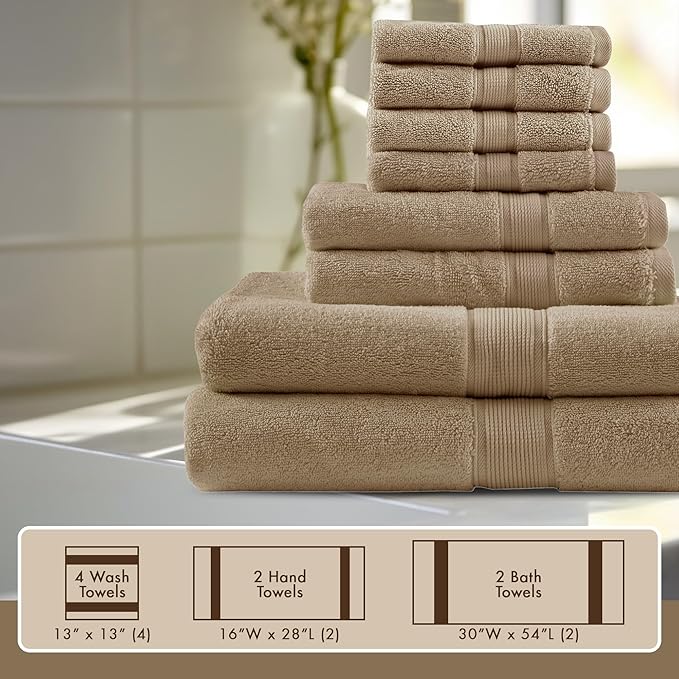 Madison Park 800GSM Bathroom Towel Set of 8 100% Cotton Bath Towel Set for Bathroom Luxurious Highly Absorbent 2 Bath Towels 2 Hand Towels 4 Washcloths Quick Dry Spa Quality Taupe